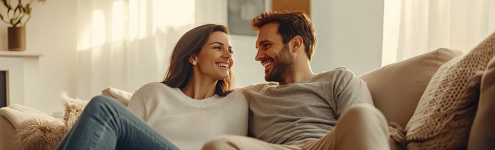 Pareja joven disfrutando la sala de su casa en Privada Borealis
